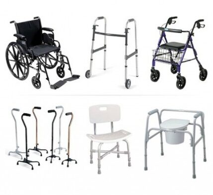 A picture of durable medical equipment, including a wheelchair, a series of walkers and canes, a shower chair, and a bedside commode.